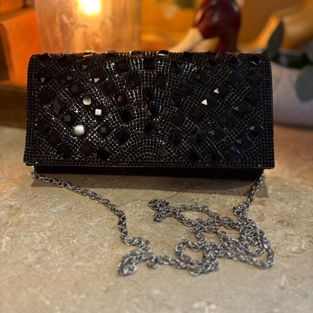 Jessica McClintock Black Beaded Clutch with Chain Strap